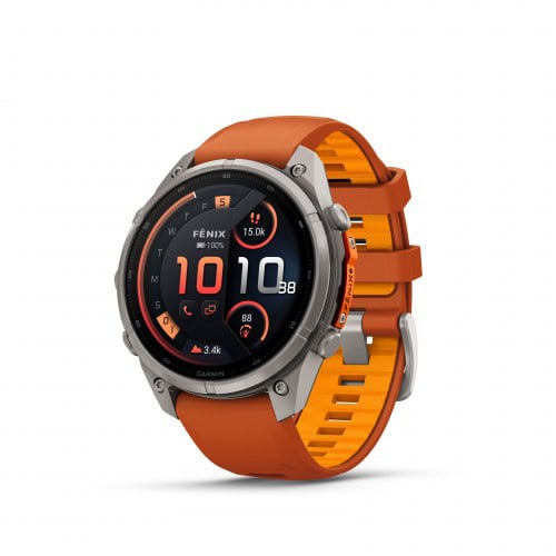 Varrio Sport смарт часовник Fenix 7 с оранжев каишка и цветен дисплей.