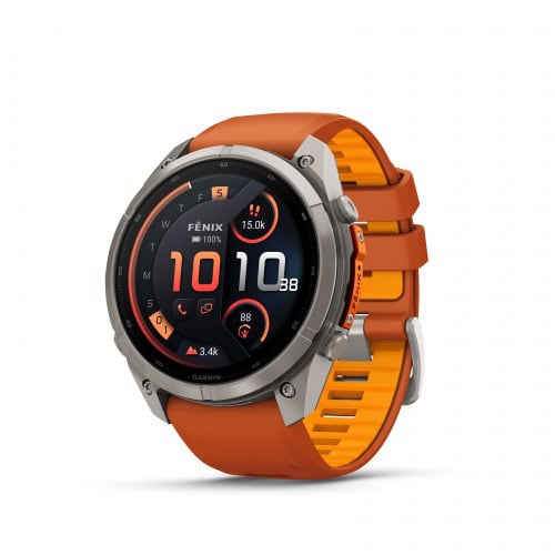 Спортен смартчасовник Garmin Fenix 7 с оранжев каишка и дигитален дисплей.