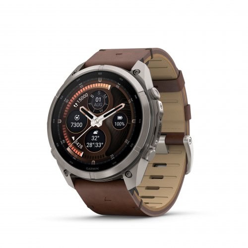Мъжки спортен смартчасовник Garmin с кафява каишка и цифров дисплей.