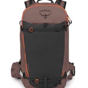 Тъмнокафява и сива спортна раница Osprey за пътуване и спорт.