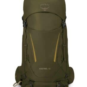 Зелена туристическа раница Osprey Kestrel 38 с много отделения.