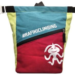 Тренировъчна раница за катерене с ярки цветове и логото на #RAFIKICLIMBING.