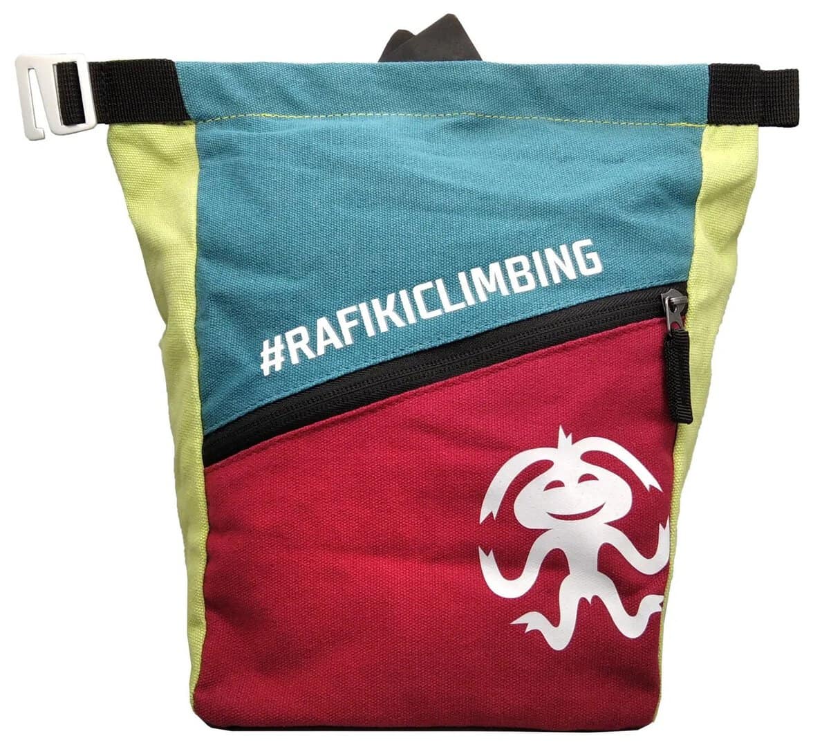 Тренировъчна раница за катерене с ярки цветове и логото на #RAFIKICLIMBING.