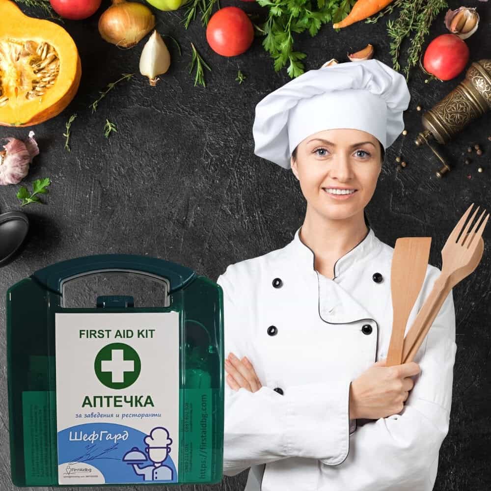 Готвач с аптечка за първа помощ и кухненски инструменти.