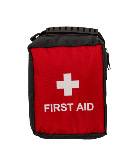 Червена аптечка за първа помощ с бяла кръст и надпис "FIRST AID".