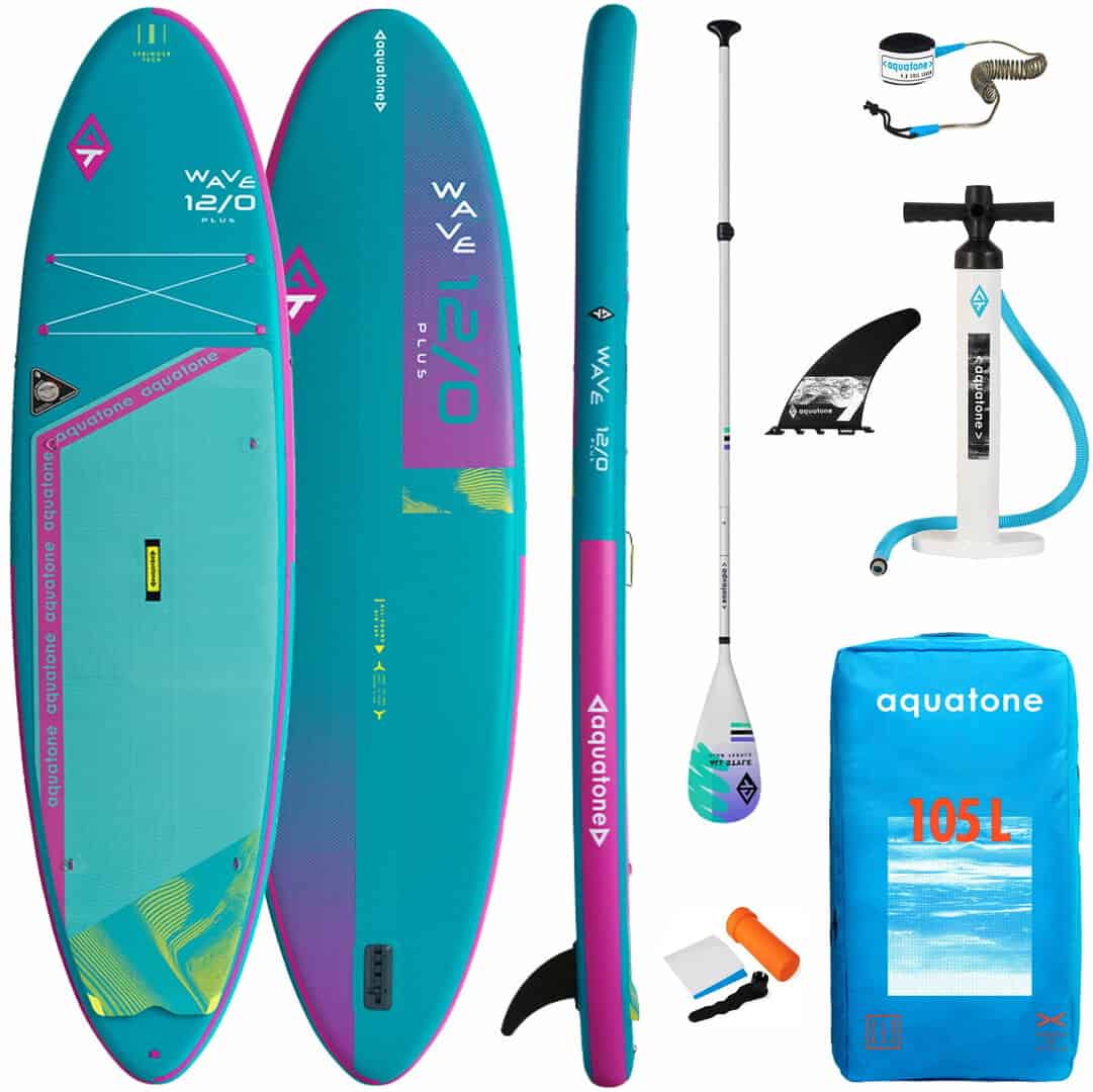 SUP Aquatone Wave Plus 12.0 с аксесоари за водни спортове.