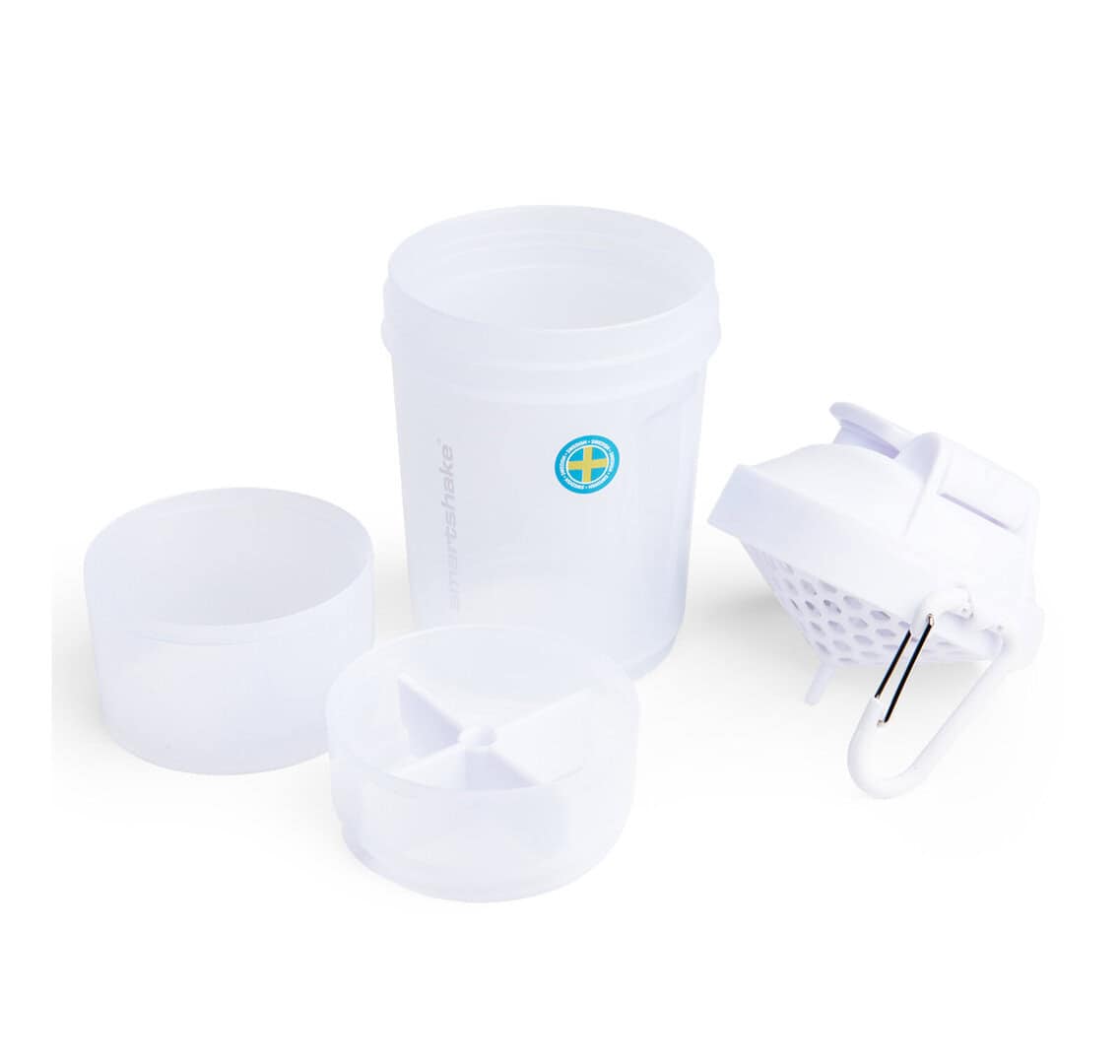 Бял контейнер за шейкър SmartShake с капак и цедка.