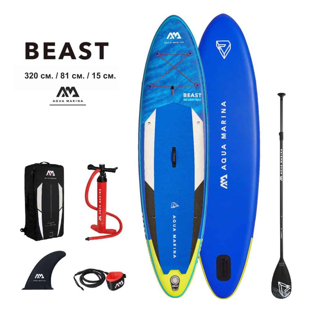 Въздушен SUP Aqua Marina Beast 10'6" с аксесоари за водни спортове.