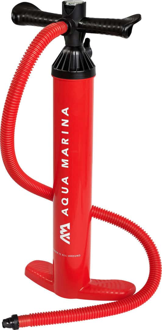 Помпа за SUP Aqua Marina V-2 с червен цилиндър и черни ръкохватки.