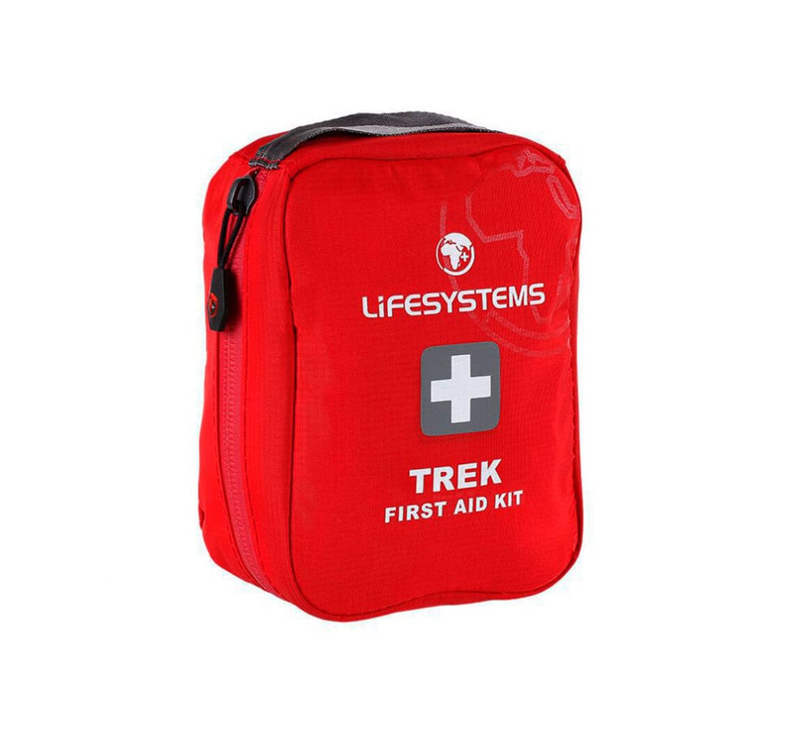 Червена туристическа аптечка Trek Lifesystems за първа помощ.