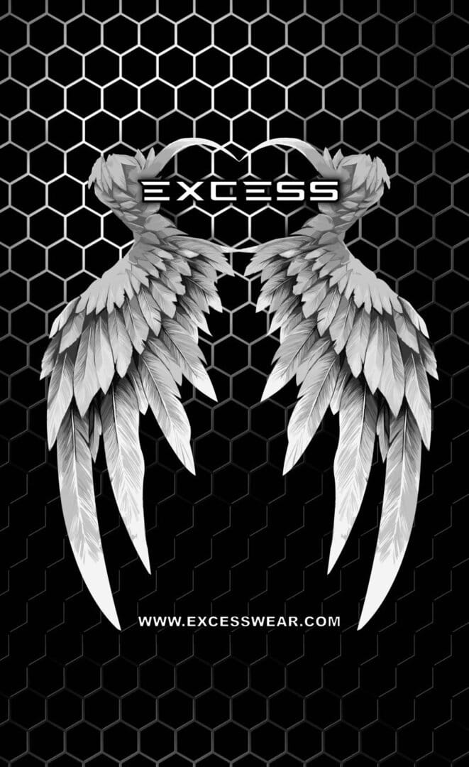 Черни и бели криле с логото Excess на черна мрежа.