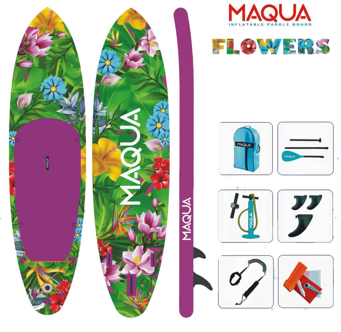Надуваем SUP Maqua Flowers 10.8" с цветен дизайн и аксесоари.