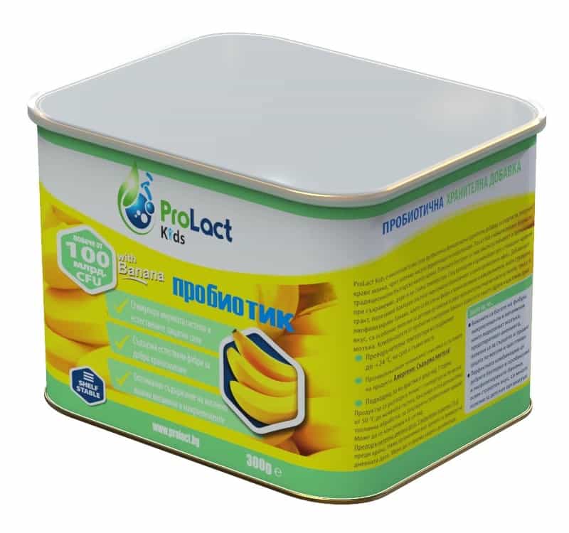 Пробиотик Prolact KIDS с банан за деца, 300 г, в метална кутия.