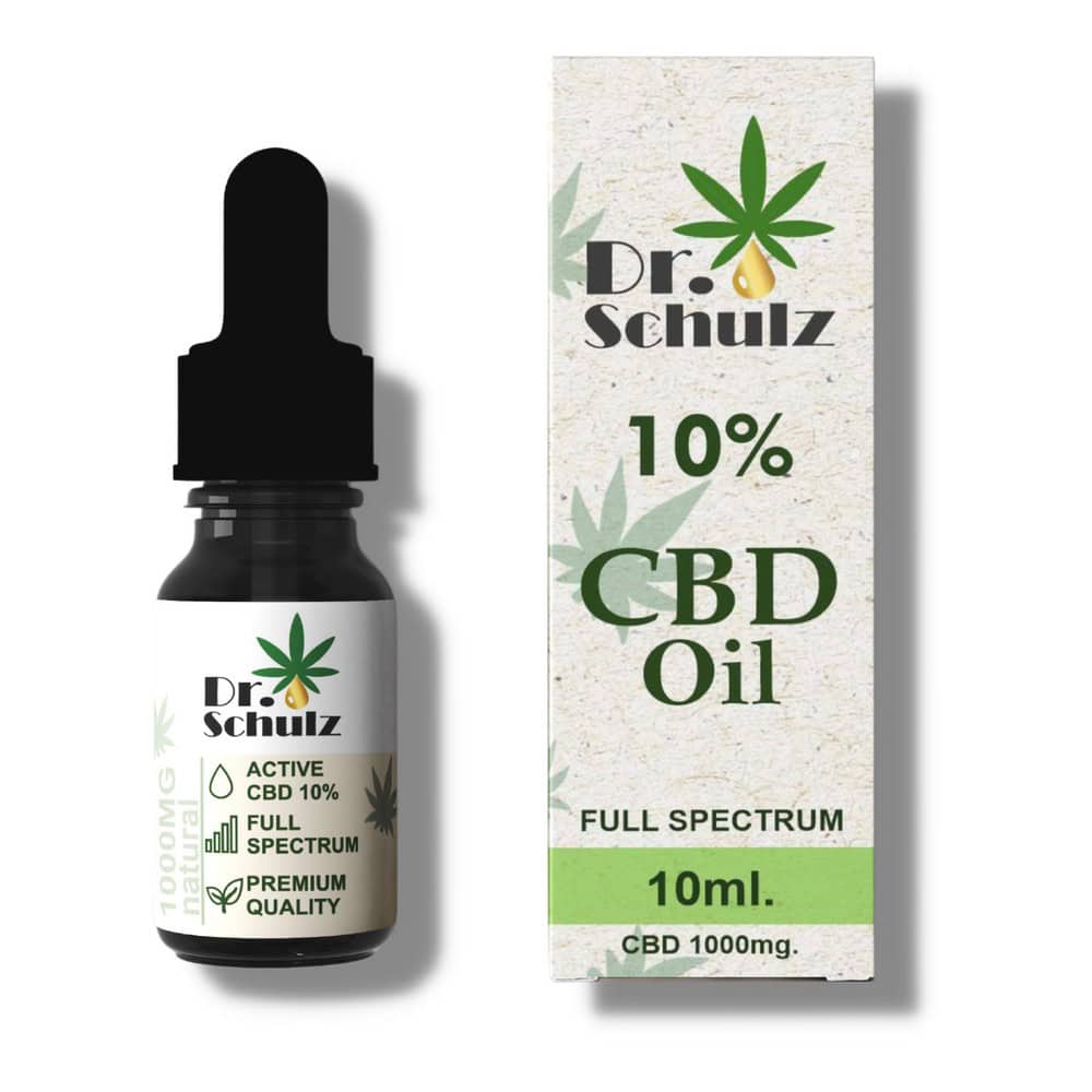 Бутилка CBD масло Dr. Schulz 10% с опаковка, съдържаща 10 мл.