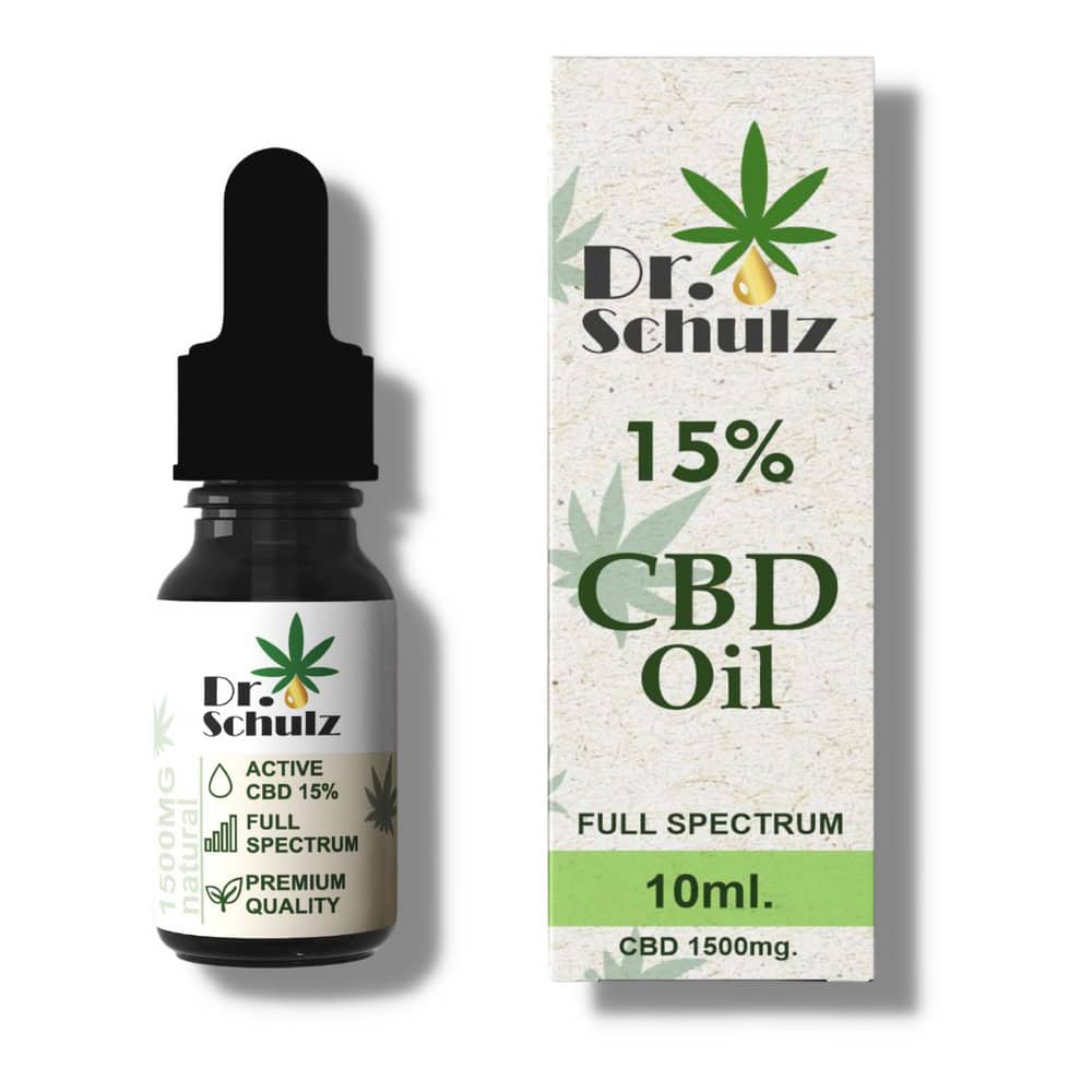 Бутилка CBD масло Dr. Schulz 15% с опаковка, съдържаща марихуана и капкомер.