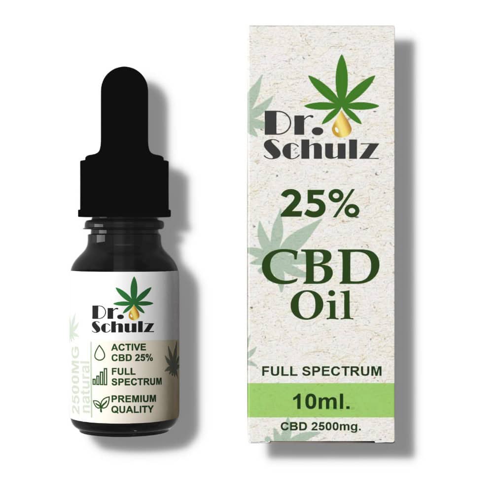 CBD масло Dr. Schulz 25% в бутилка и кутия, натурално и висококачествено.