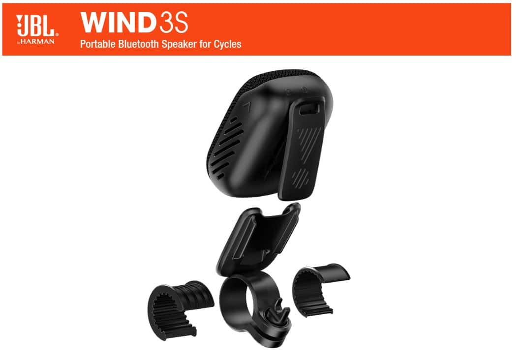 Bluetooth колона за байк JBL Wind 3S със стойка за велосипед.