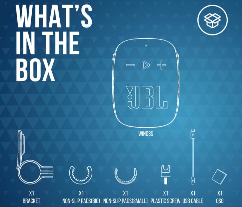 Bluetooth колона JBL Wind 3S с държач за байк и USB кабел.