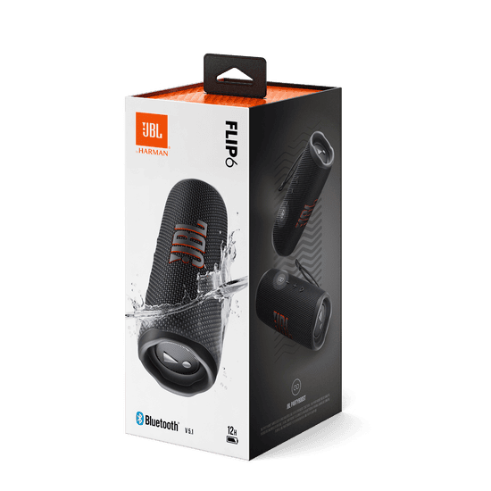 JBL Flip 6 Bluetooth колона в черен цвят с водоустойчива конструкция.