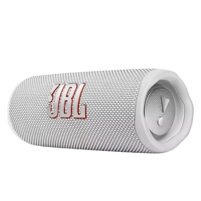Бял JBL Flip 6 безжичен говорител с логото JBL.