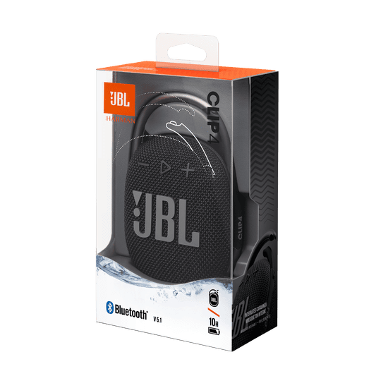 JBL Clip 4 Bluetooth колона в опаковка, водоустойчива, за мобилни устройства.