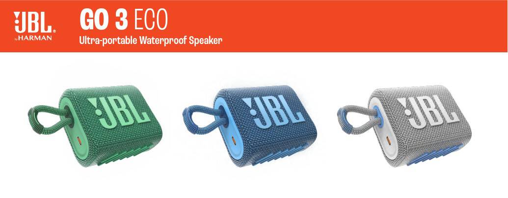 JBL Go 3 Eco водоустойчива Bluetooth колона в зелено, синьо и сиво.