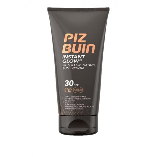 Лосион SPF30 Piz Buin за слънцезащита и блясък на кожата.