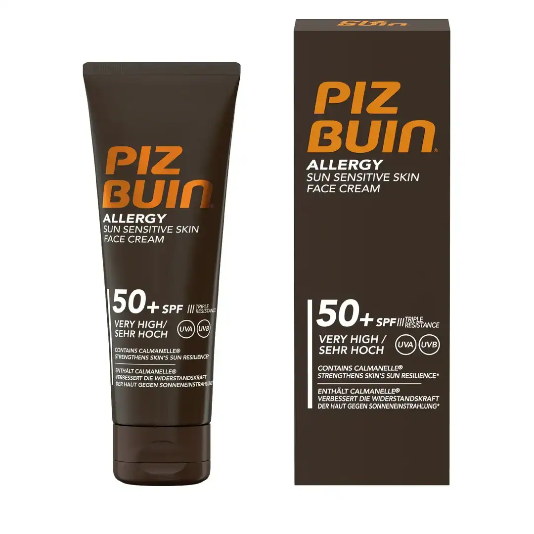 Piz Buin SPF50+ крем за чувствителна кожа, слънцезащита.